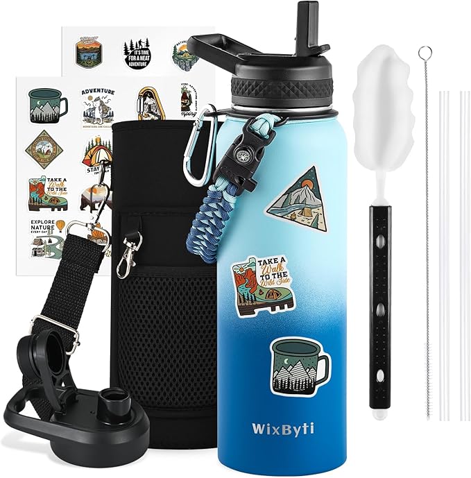 40 oz Insulated Water Bottle with Straw (Cold for 48 Hrs), Stainless Steel Triple Wall Vacuum Sports Water Jug, Leakproof Hydro Cup Flask with Paracord Handle & Straw Spout Lids & DIY Stickers