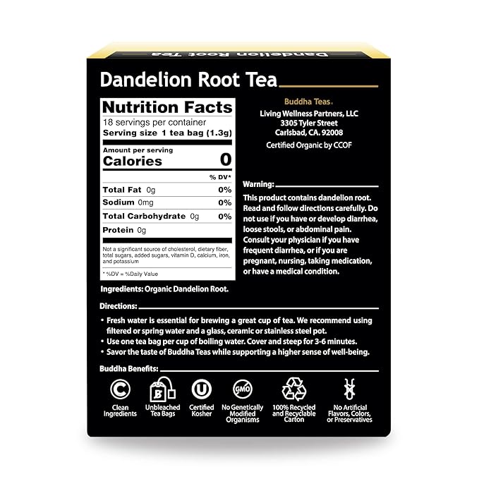 Buddha Teas Organic Dandelion Root Tea – 18 Bleach-Free Tea Bags – Caffeine-Free Tea with a Rich, Earthy Taste, Natural Source of Vitamins, Minerals, and Antioxidants, Kosher, GMO-Free