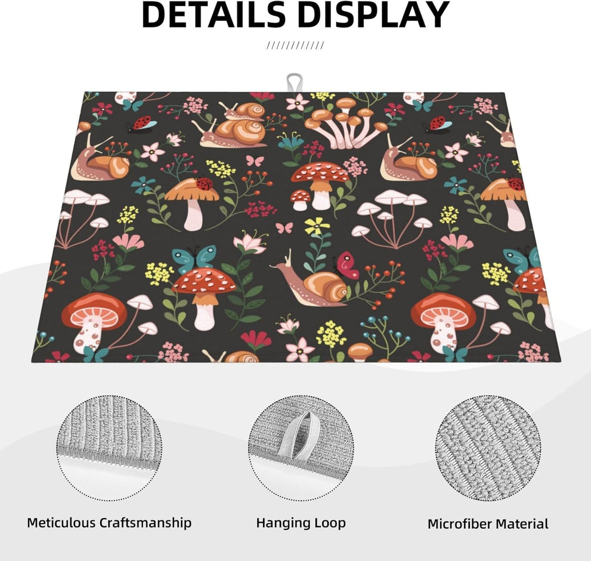 Mushroom Snails Dish Drying Mat for Kitchen Counter 18x24 Inch, Spring Floral Kitchen Drying Mat,Cute Mushrooms Decor Dishes Pad Dish Drainer Rack Mats Absorbent Fast Dry Kitchen Accessories
