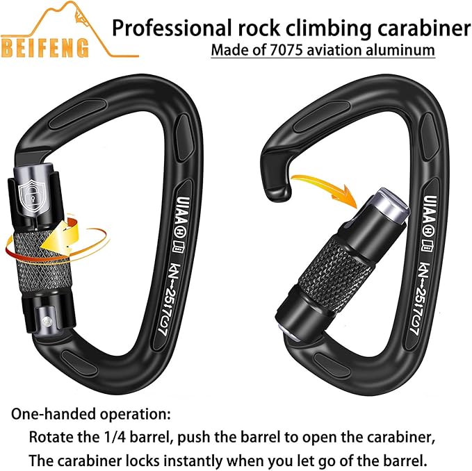 BEIFENG 25KN Auto Locking Carabiner - UIAA Certified Heavy Duty Climbing Carabiners for Rock Climbing, Camping, Rappelling, Hunting, Rescue Equipment - Professional Carabiner Clips (Black)
