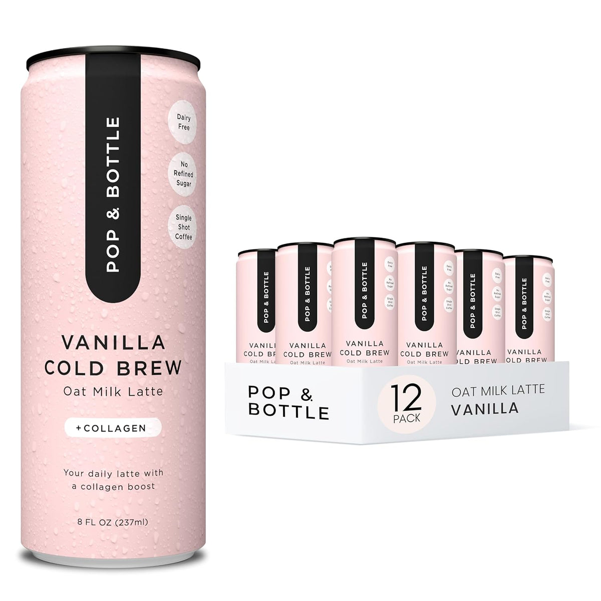 Pop & Bottle, Oat Milk Lattes - Cold Brew with Sustainably Sourced Marine Collagen, MCT Oil, Oat Milk, Organic, Dairy Free, Gluten Free, Great as Iced Coffee, Lightly Sweetened with Dates - Vanilla, 8 Fl Oz (12 Pack)