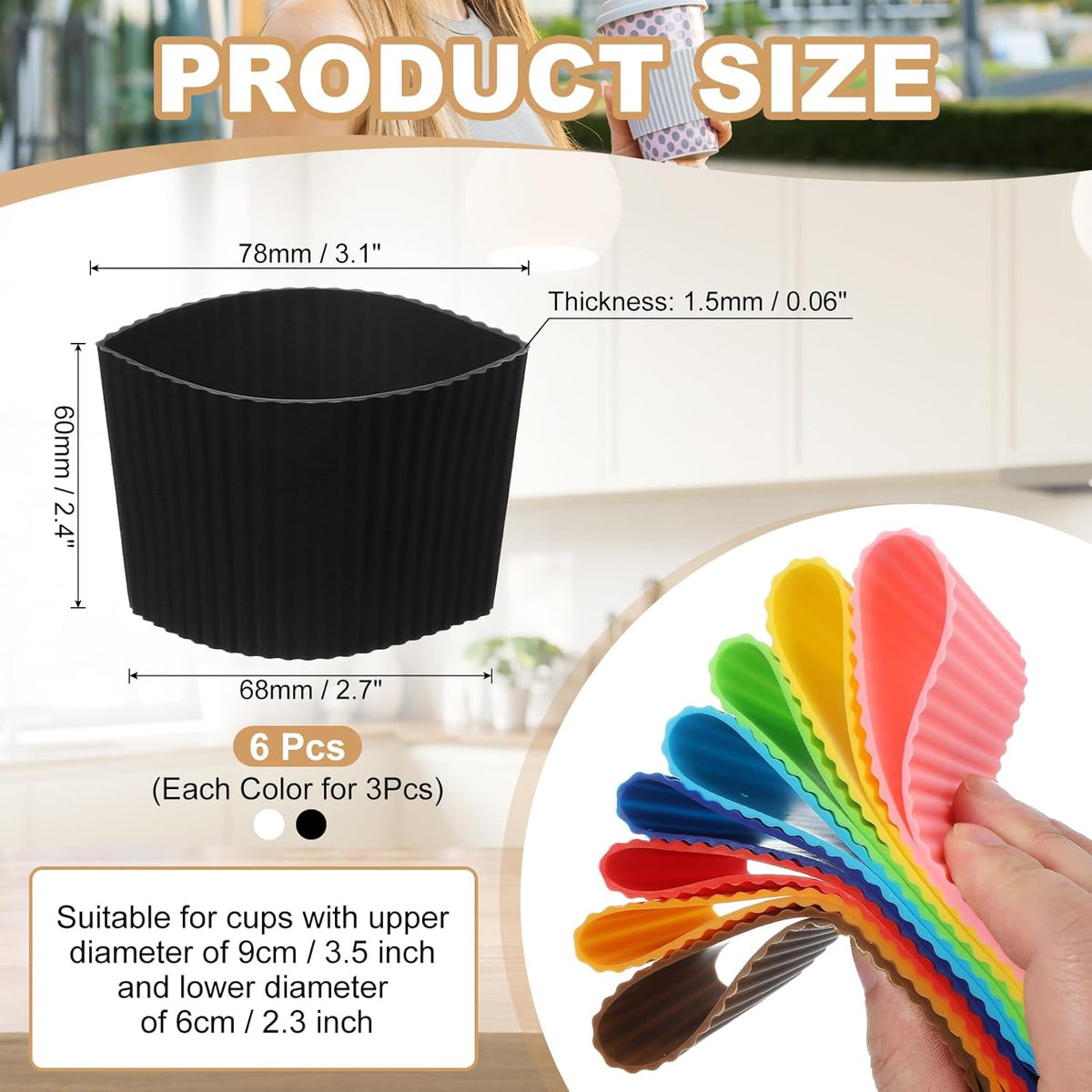 uxcell 6Pack Coffee Cup Sleeves, Reusable Silicone Heat Resistant Cup Protective Sleeve Nonslip Mug Protector Cover for Home Travel Coffee Mug Glasses Water Bottle Boots, White/Black
