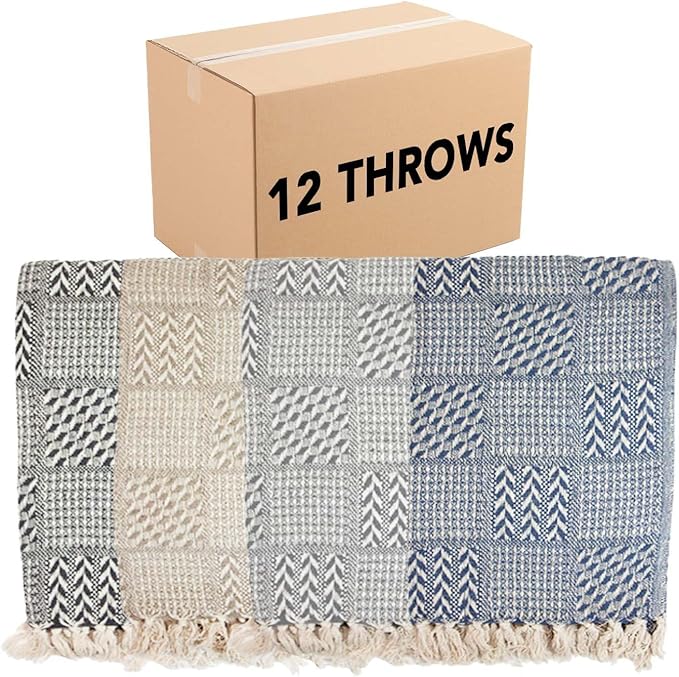 Arkwright Common Ground Bulk Blankets - Pack of 12 - Reversible 100% Cotton All Season Lightweight Couch Bed Throws for Wedding Guests, Travel, and Outdoor Events, 50 x 70 in, Block