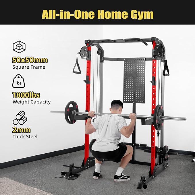 Power Cage, Squat Rack with Cable Crossover and Dual Independent Pulley System, 2000LB Capacity Workout Cage with More Training Attachments, Power Rack for Home Gym