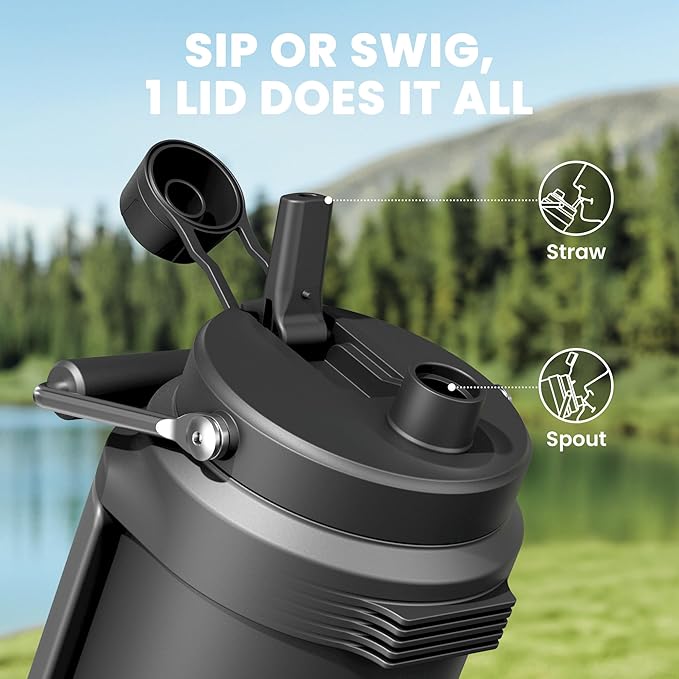 64 oz Insulated Water Bottle for Gym: Meoky Triple Wall Vacuum Stainless Steel Half Gallon Water Jug - Top and Side Handles, 2-in-1 Straw and Spout Lid, Cold for 36 Hrs, Leak Proof for Camping (Night)