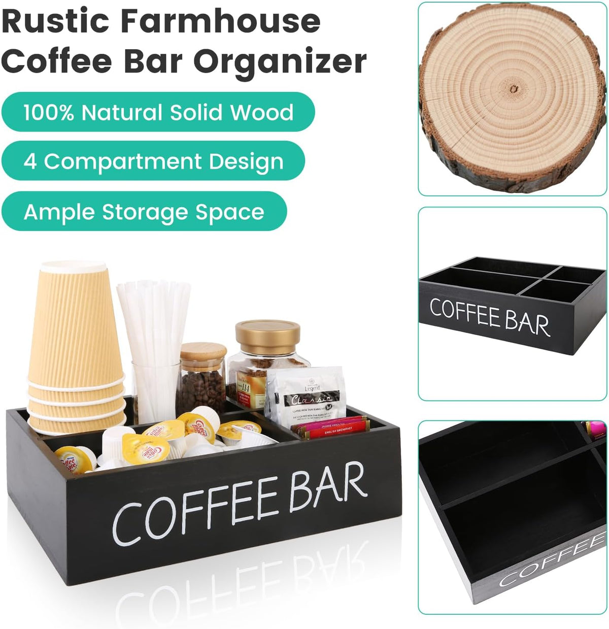 Coffee Bar Organizer – Wooden Coffee Station with 4 Compartments, Removable Dividers, and Condiment Storage for Home & Office