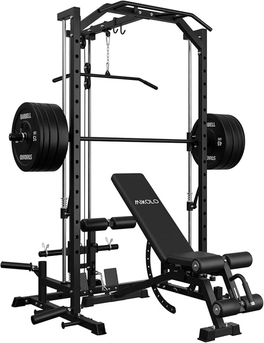 Mikolo Smith Machine Home Gym Power Cage (1:1 Ratio Strength Trainer) (Space Saving Design) (with 8 Free Attachments) Squat Rack for Full Body Training
