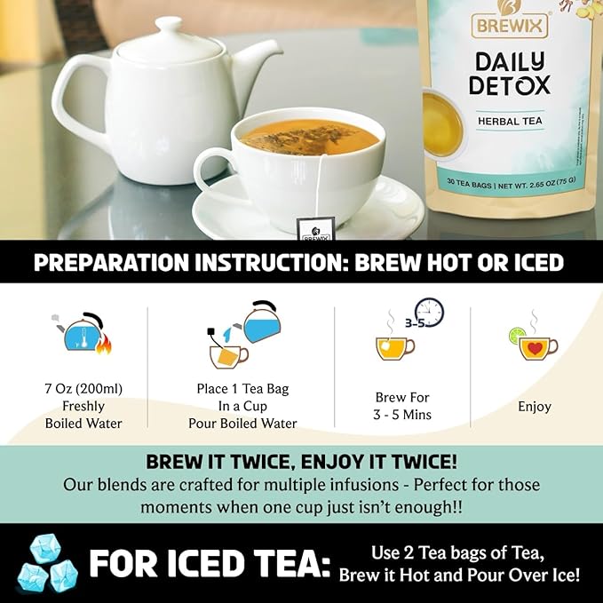 BREWIX, Ayurvedic Detox Herbal Tea Bags (30 Pyramid Tea Bags) Caffeine-Free Herbal Tea | Cleansing Formula with Traditional Ayurvedic Herbs | Supports Digestion, Balance & Daily Vitality