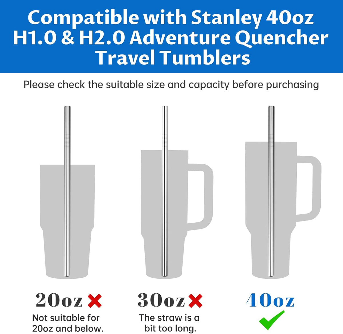 Tomorotec 8PCS 12" Stainless Steel Straws 4 Bent & 4 Straight for 40oz Stanley Tumblers, Reusable Food-Grade Drinking Straws with Cleaning Brush for Smoothies, Milkshakes, Iced Coffee, Dishwasher Safe