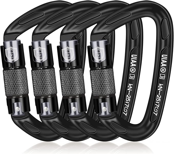 BEIFENG 25KN Auto Locking Carabiner - UIAA Certified Heavy Duty Climbing Carabiners for Rock Climbing, Camping, Rappelling, Hunting, Rescue Equipment - Professional Carabiner Clips (Black)