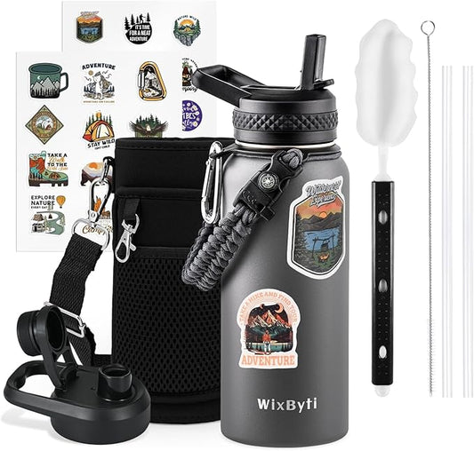 32 oz Insulated Water Bottle with Straw (Cold for 48 Hrs), Stainless Steel Triple Wall Vacuum Sports Water Jug, Leakproof Hydro Cup Flask with Paracord Handle & Straw Spout Lids & DIY Stickers