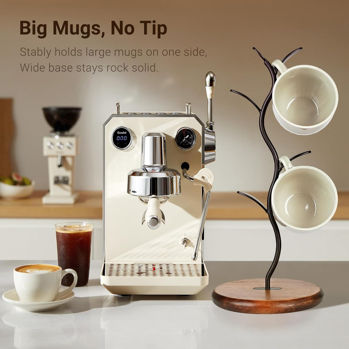 Sturdy Countertop Mug Tree with Solid Wood Base, Delicate Cast Iron Coffee Mugs Holder, Countertop Coffee Cup Holder for Large Cups, Minimalist Mug & Tea Cup Storage Rack (Set of 1)