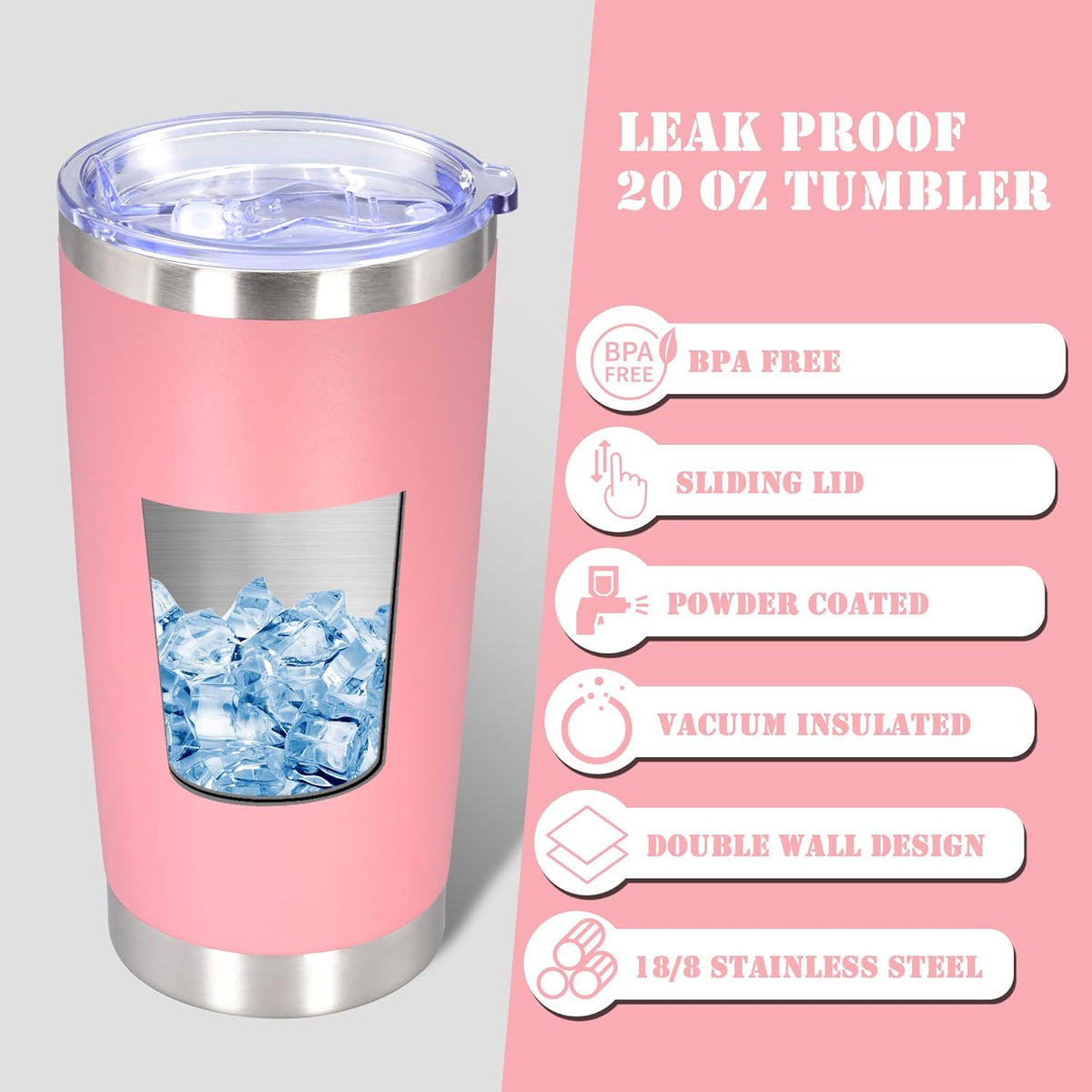 20 oz Tumbler with lid Double Wall Vacuum Insulated Tumblers Stainless Steel Coffee Mug Travel Coffee Tumbler Powder Coated Tumbler Cup Keep Hot&Cold - (Pink 12 Pack)