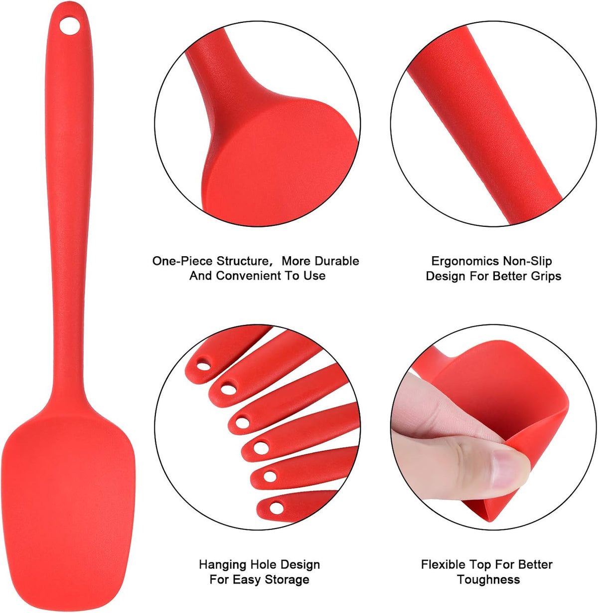 Heat Resistant Silicone Spatulas Set Food Grade Silicone Seamless One Piece Design BPA-Free,Non-Stick,Dishwasher Safe,Cooking and Mixing Set of 6PCS-red(red)