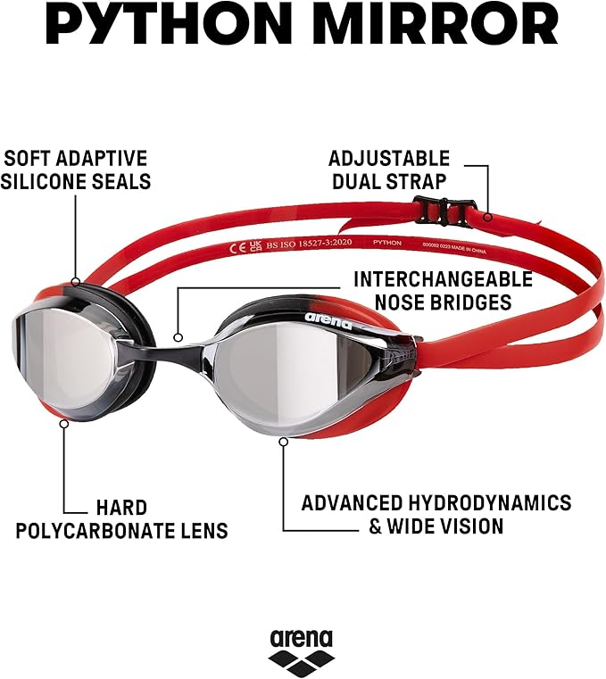ARENA Unisex Python Racing Swim Goggles for Men and Women Anti-Fog No Leak Max Comfort Dual Strap, Mirror/Non-Mirror Lens