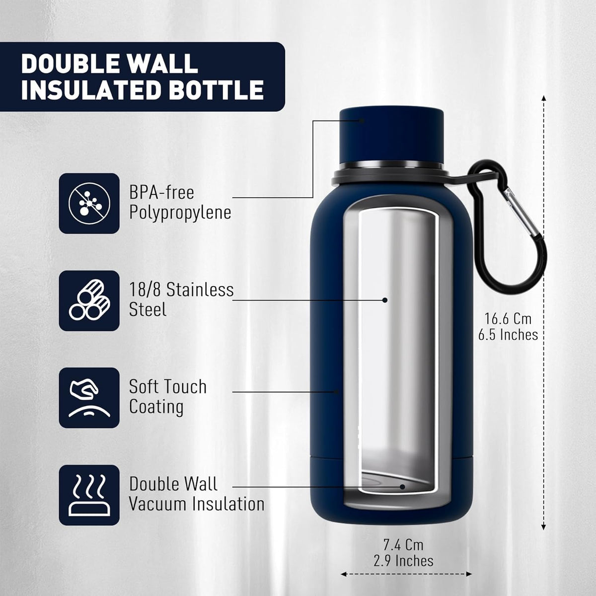 Small Water Bottle 12oz with Clip, Double Wall Stainless Steel Vacuum Small Insulated Water Bottle Keeps Drinks Cold 24 Hrs/Hot 12 Hrs for Kids Handbag School BPA Free (Navy Blue)