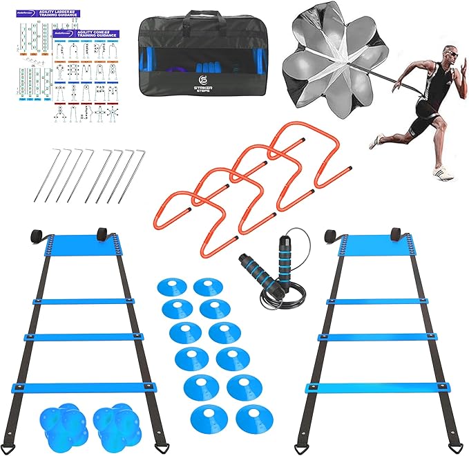 Agility Ladder Speed Training Equipment Set-2x 20ft Agility Ladder,12 Soccer Cones,4 Adjustable Hurdles, Jump Rope, Running Parachute| Basketball Football Soccer Training Equipment for Kids Adults