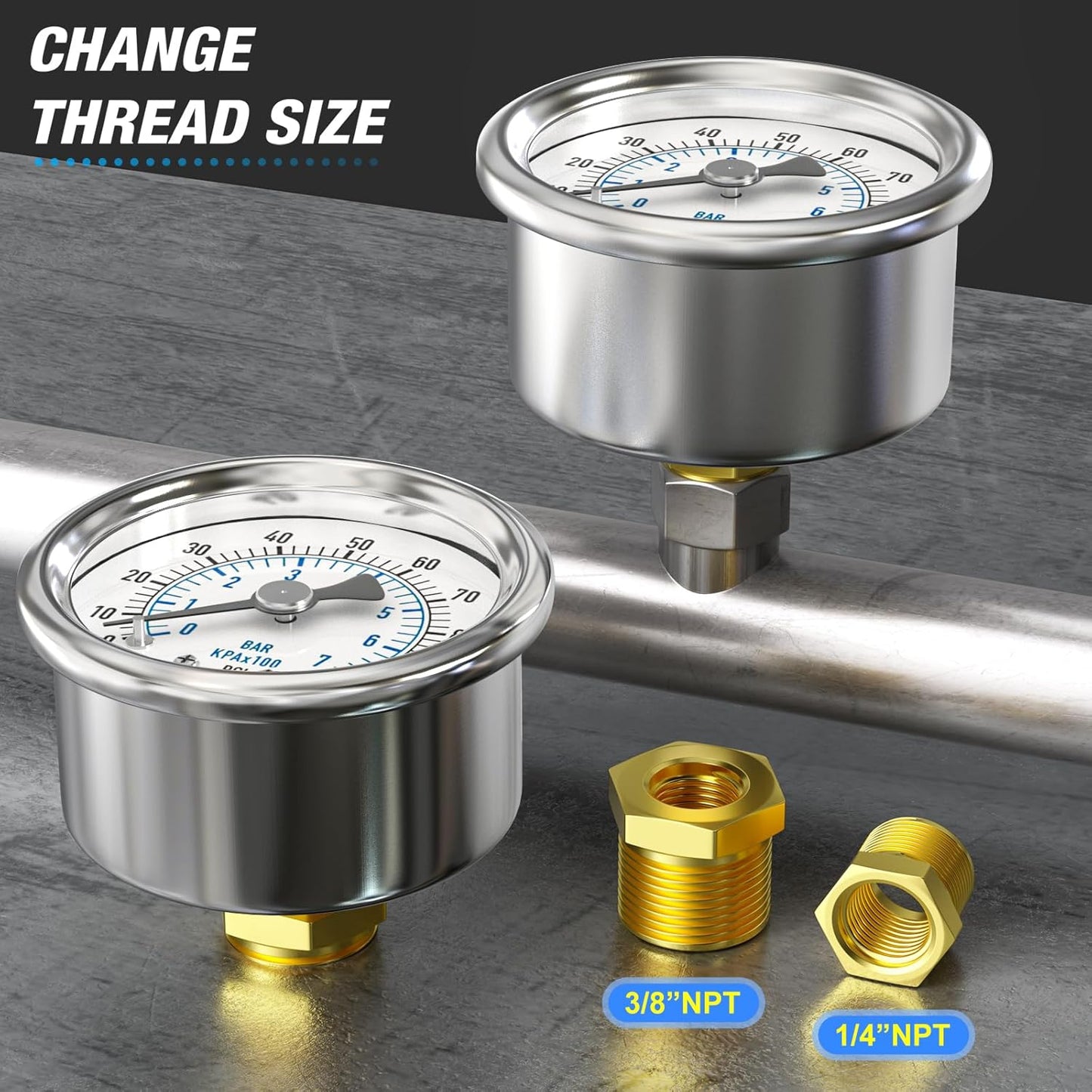 MEANLIN MEASURE 0~100Psi Dry Pressure Gauge Stainless Steel 1/8" NPT 2" FACE DIAL Waterproof for Well Pump Water Tire Water Pressure Tester Back Mount with 1/4" NPT and 3/8" NPT Hex Bushing