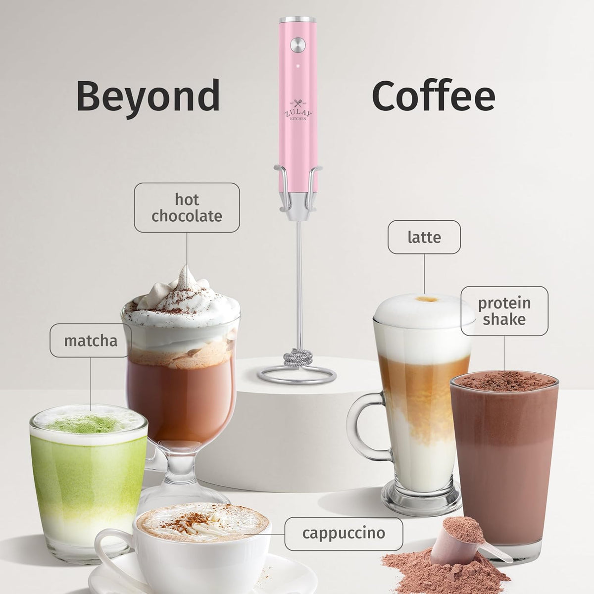 Zulay Kitchen Lux Rechargeable Milk Frother Handheld - Powerful 2-Speed Motor, Fully Waterproof, 2000mAh Battery - Drink Mixer For Latte, Cappuccino, Matcha, Protein Powder - Pink