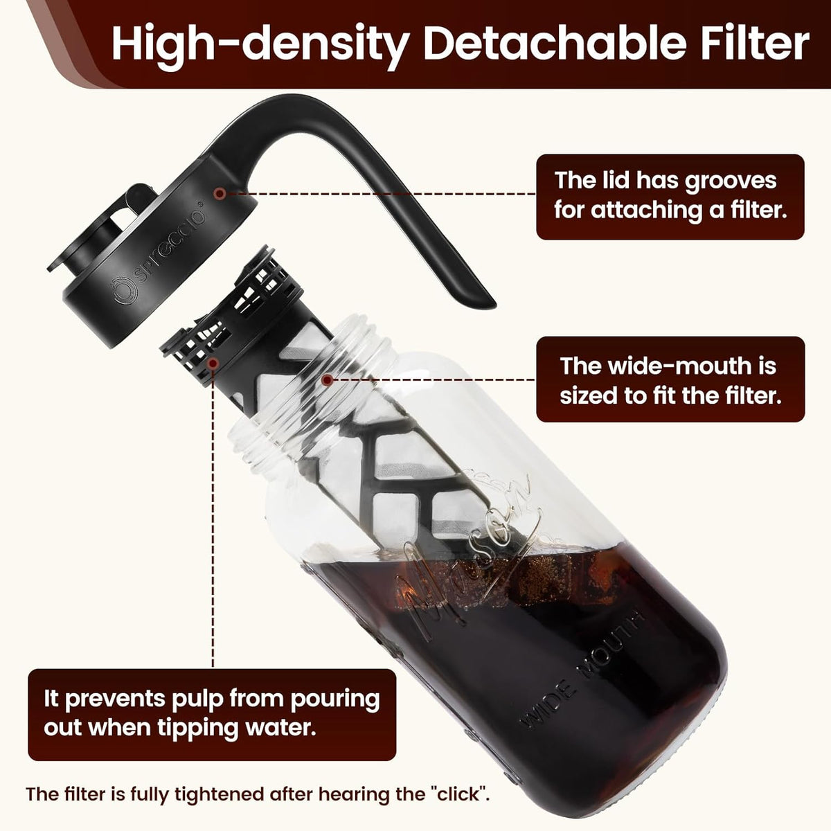 Cold Brew Coffee Maker Glass, Airtight & Leakproof Mason Jar Pitcher with Cold Brew Filter, 64 oz Glass Pitcher with Lid for Iced Coffee, Lemonade, Ice Tea