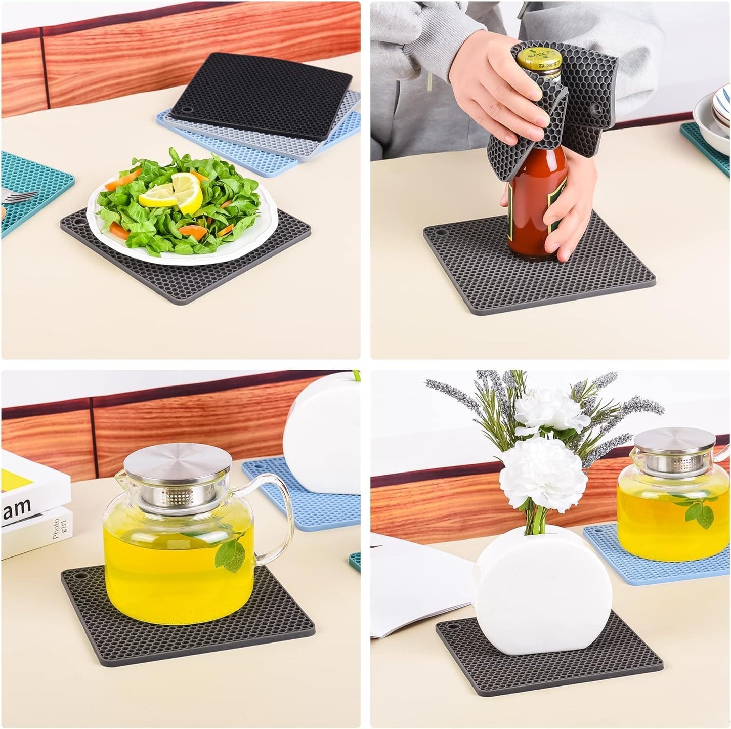 Silicone Trivets Mats, Silicone Hot Pads for Pot Holder, Square Trivets for Hot Dishes, Pots and Pans, Multipurpose Hot Pads for Kitchen Counter, Non Slip Heat Resistant Mats Set 4 Light Grey