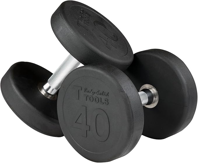 Body-Solid (GDR363-SDP) Round Rubber Dumbbell Set with Rack and Floor Mat, Includes 5-40 lb Dumbell Pairs with Chrome-Plated Handles, Commercial and Home Gym Weight Holder for Dumbbells