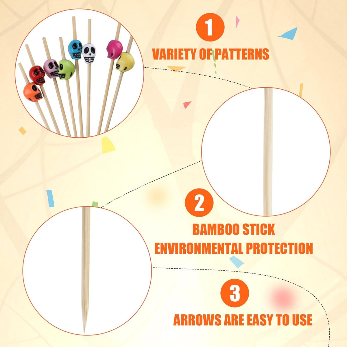 LOMIMOS 150pcs Halloween Skeleton Drink Topper, Colorful Cocktail Stick with Wood Toothpick for Cupcake Pool Party Ice Cream Fruit (4.7in)