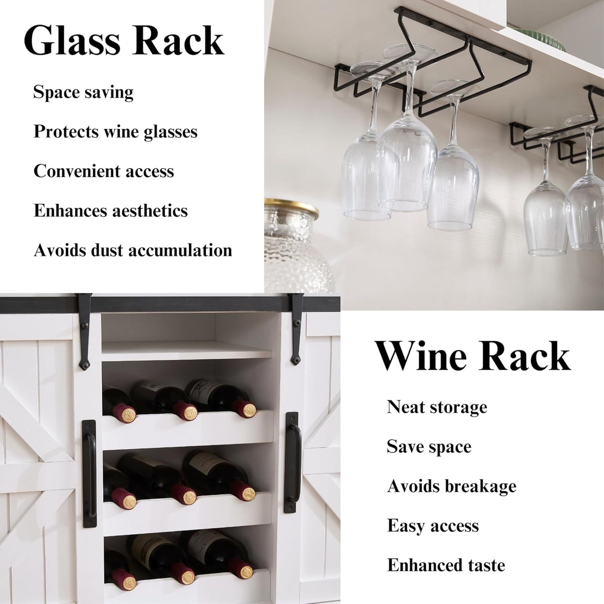 Coffee Bar Cabinet with Sliding Barn Doors 71'' Farmhouse Pantry Cabinet with Drawers & Wine Glass Rack Rustic Buffet Cabinet for Kitchen, White and Black