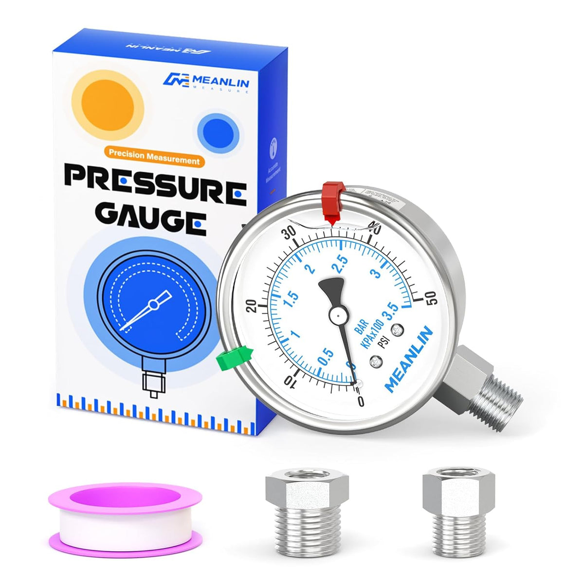 MEANLIN MEASURE 0~50Psi Stainless Steel Liquid Filled Pressure Gauge 2.5" FACE DIAL 1/4" NPT for Pool Sand Filter Water Oil Air Pressure Test Lower Mount with Stainless Steel Hex Bushing and Snaps