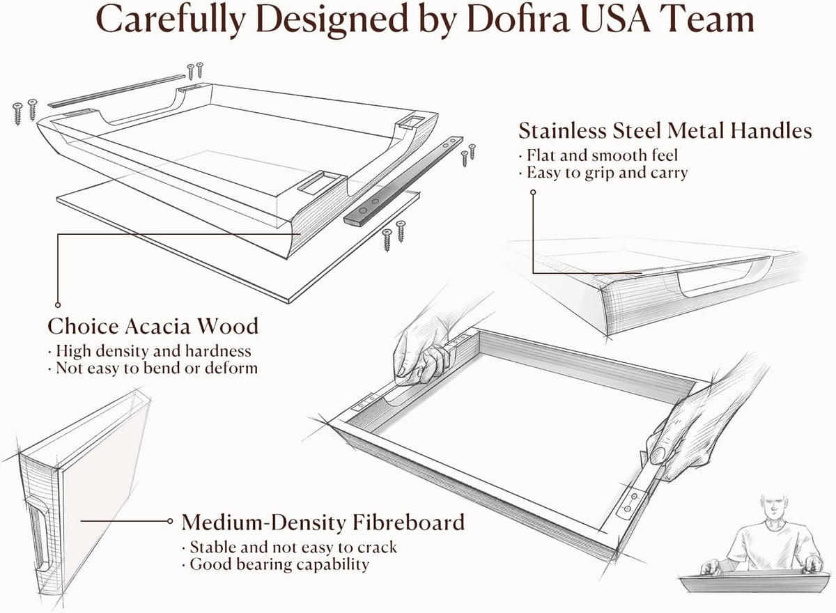 Acacia Wood Serving Tray with Metal Handles, 17x13in Food Drinks Tray for Coffee Table, Breakfast, Dinner & Bar, Rustic Decorative Storage Tray for Ottoman, Kitchen, Packaging