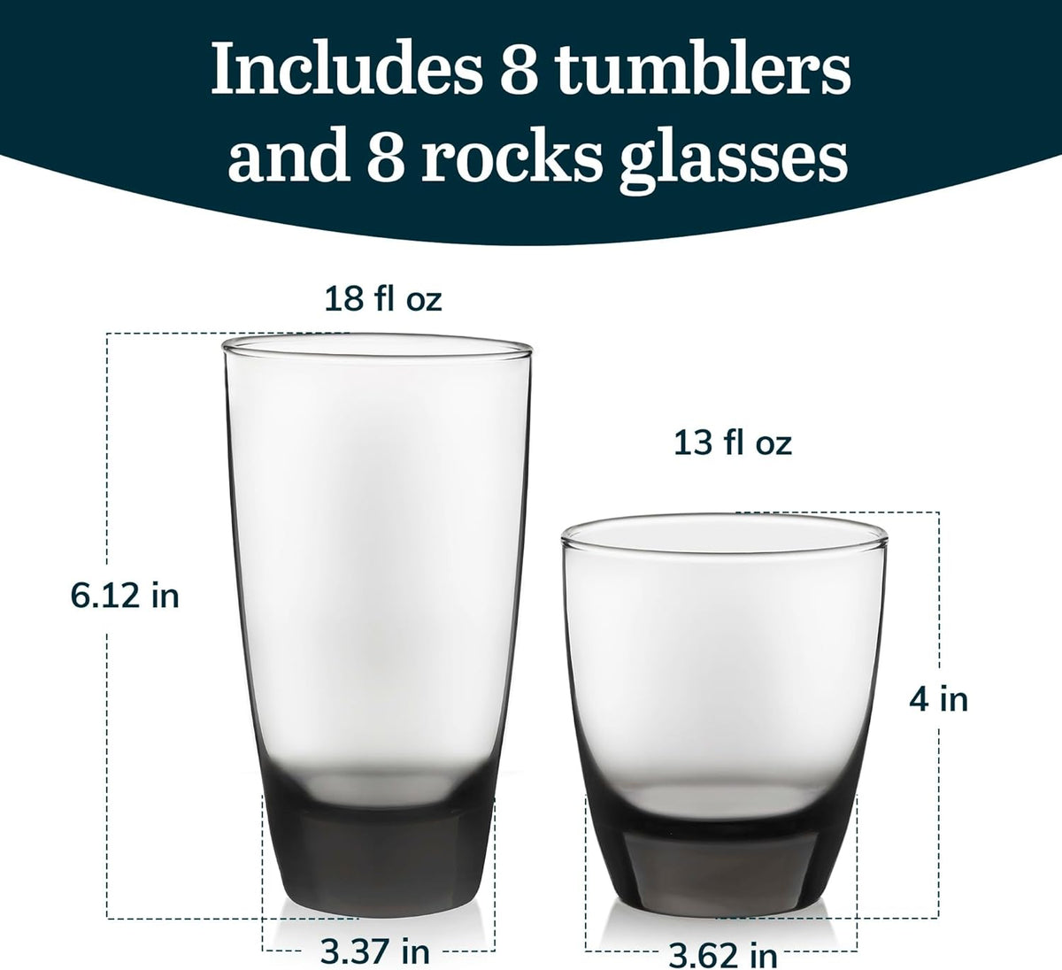Libbey Classic Rocks and Tumbler Glasses Set of 16, Smoke Hue, Lead-Free Water Glasses, Dishwasher Safe Drinking Glasses Set