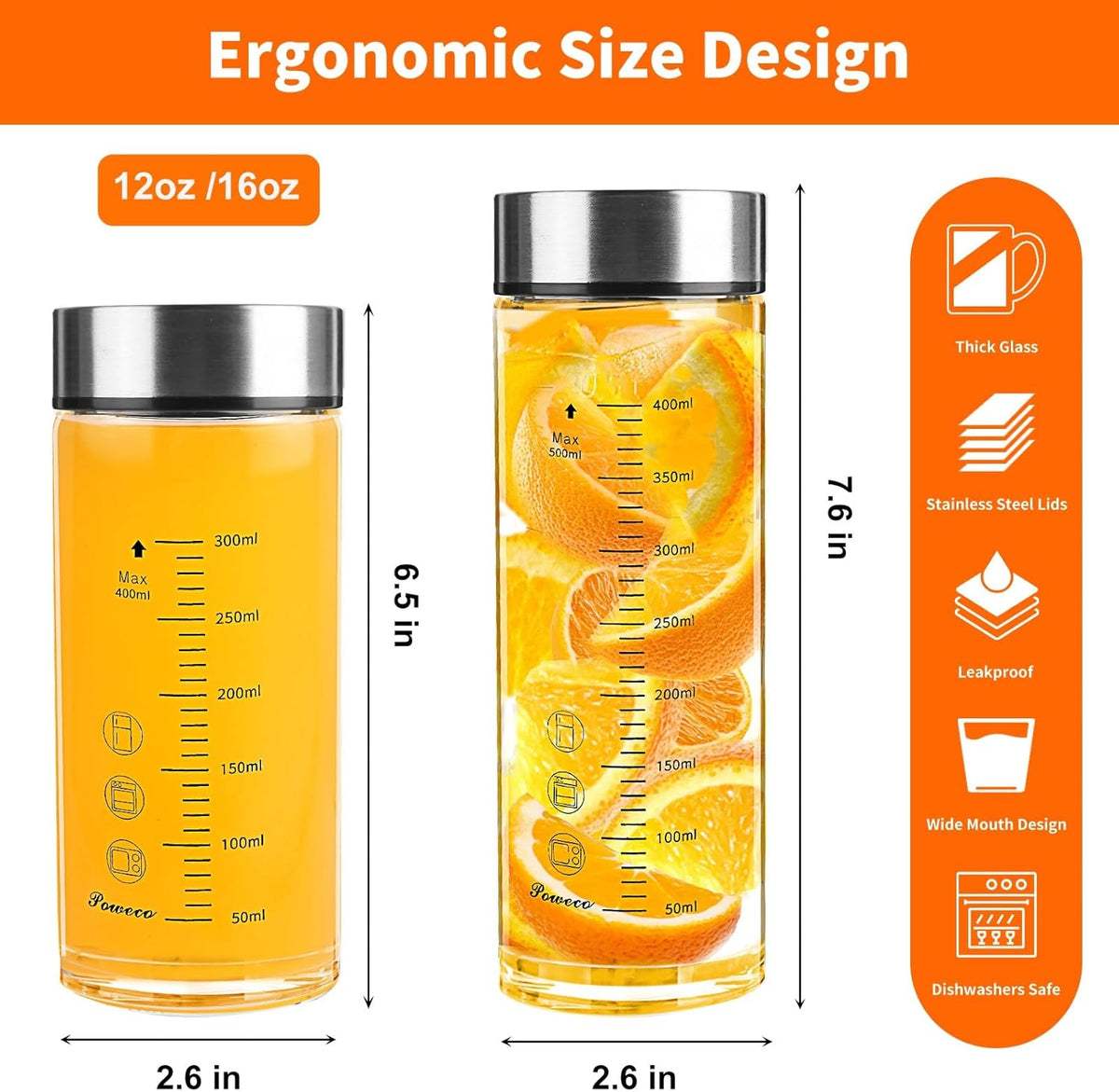 Glass Juice Bottles 4 Pack 12 oz - Wide Mouth Glass Water Bottles with Lids - for Juicing, Protein, Smoothie, Milk, Reusable, BPA Free, Stainless Steel Lids, Blender, Shaker Bottle (12oz/400ml)