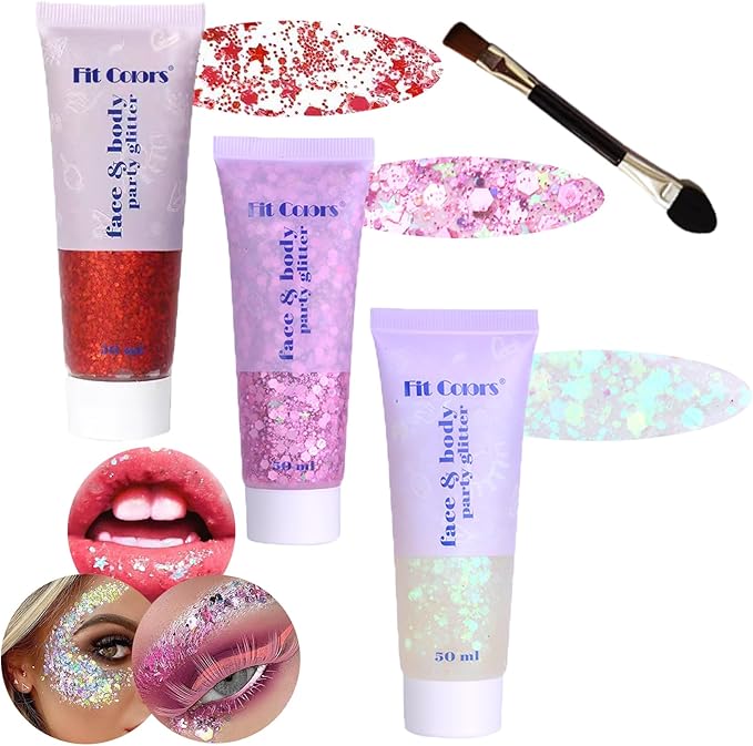 Body Glitter Face Glitter Gel: Singer Concerts Disco Festival Rave Accessories Face Glitter Makeup 150ml Chunky Sequins Mermaid Face Body Hair Glitter Gel (Red&White&Pink)