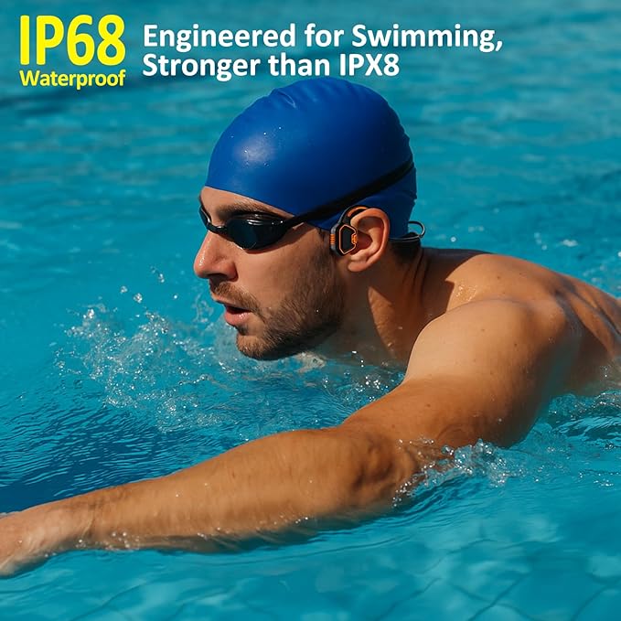 Bone Conduction Swimming Headphones – IP68 Waterproof Open-Ear Bluetooth 5.3 with 32GB MP3 Player, Underwater Swim Headset for Pool Training, Orange