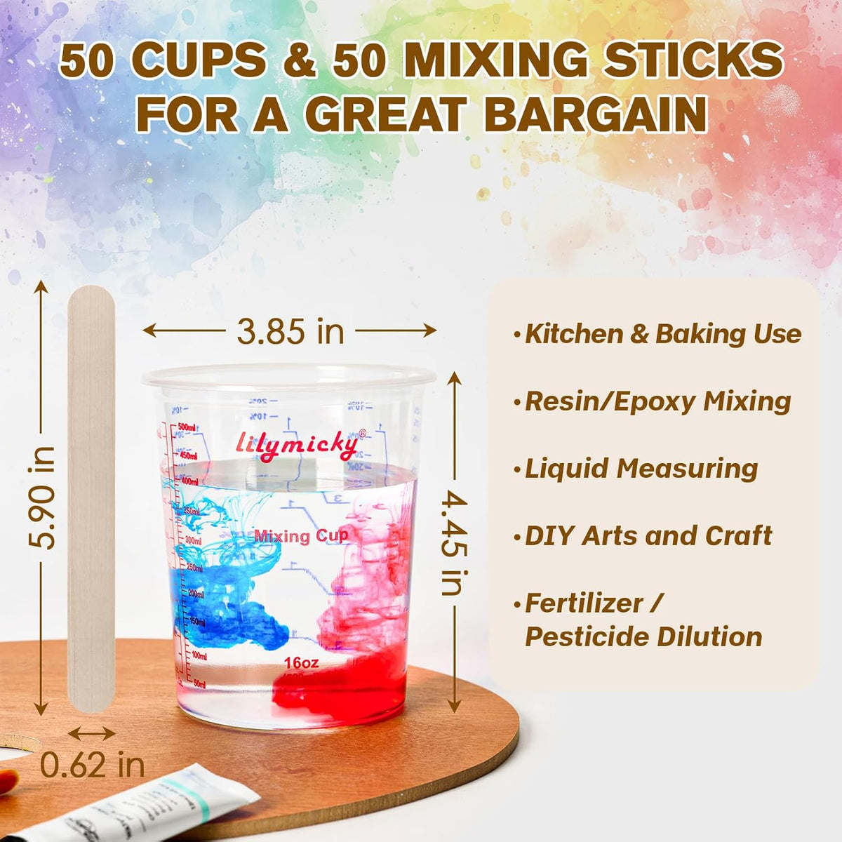 16 oz Plastic Mixing Cups, 50 Pack 16 oz (500ml) Disposable Measuring Cups with 50 Wooden Mixing Sticks, Can Be Used for Epoxy Resin, Liquid Measuring, Paint, Cooking and Baking