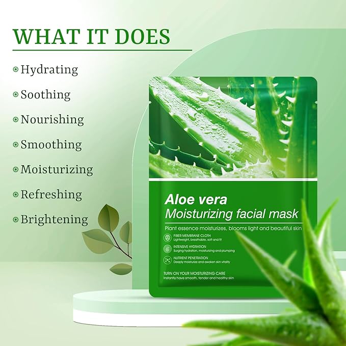 Aloe Vera Face Masks Skincare Soothing Face Mask Hydrating Face Masks Moisturizing Face Mask for Dry, Oil，Sensitive Skin, Aloe Face Sheet Masks for After Sun Care, Calming, Refreshing,10 Pack