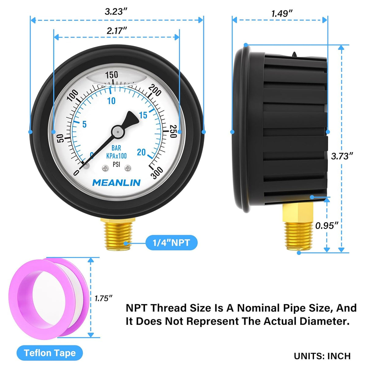 MEANLIN MEASURE 0~300Psi Stainless Steel Liquid Filled Pressure Gauge 1/4" NPT 2.5" FACE DIAL with Rubber Protective Sleeve, Lower Mount