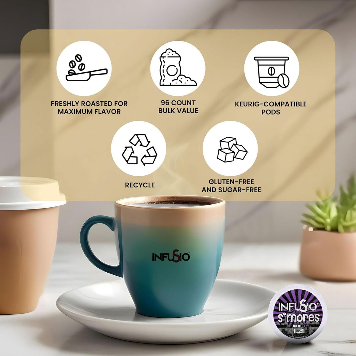InfuSio Coffee Pods 96 Count S'mores Medium Roast Flavored Single Serve Coffee Pods for Keurig K Cups Brewers - InfuSio Premium Roasted Keurig 2.0 Compatible