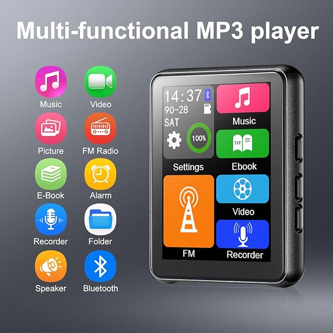 64GB MP3 Player Bluetooth 5.3 Touch Screen Music Player Portable mp4 Player with Speakers high Fidelity Lossless Sound Quality 2.4 inch mp3 FM Radio Recording e-Book