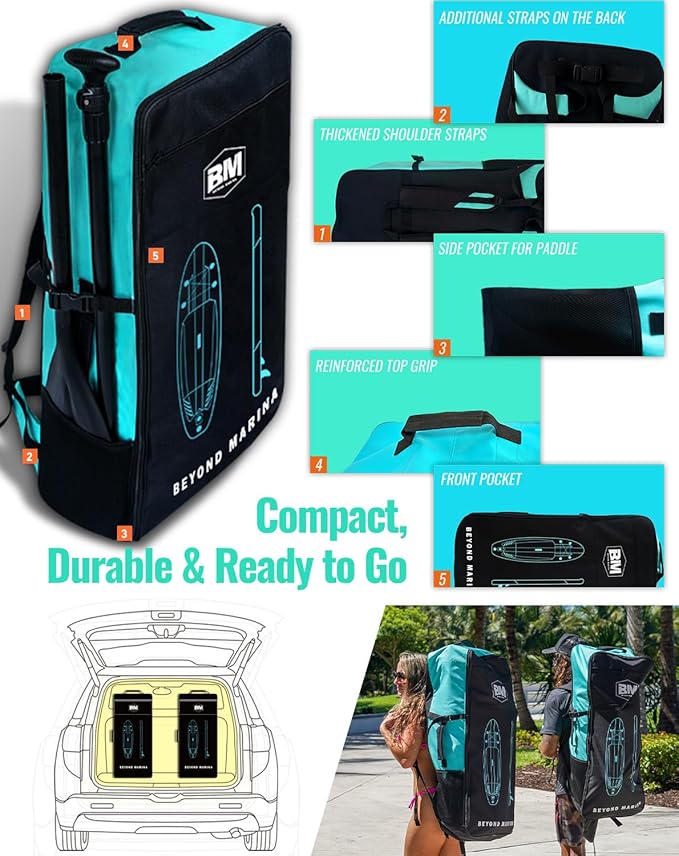 BM Paddle Board Inflatable Stand Up Paddle Board, SUP Paddleboard for Adult, Premium Accessories | Non-Slip EVA Deck & Foam Handles, Camera Mount, Double Action Pump, 85L Travel Backpack