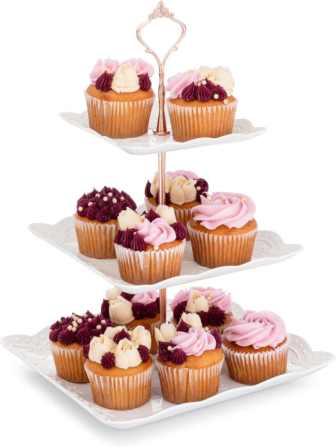 3 Tier Cupcake Stand - Dessert Table Display Set, Tiered Serving Cake Tray, White Embossed Dessert Stand, Parties Serving Plate, Decorative Centerpiece to Any Occasion - (Square)