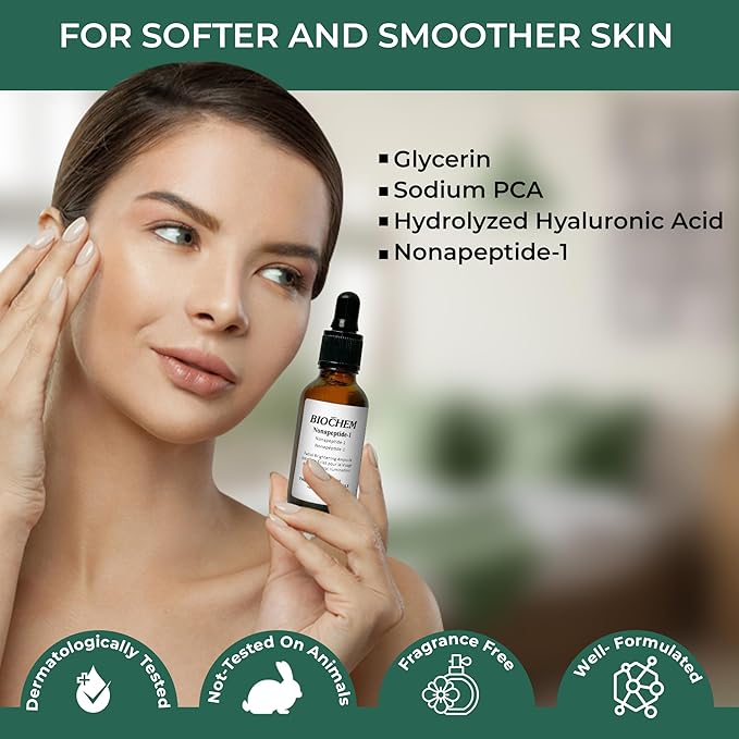 BIOCHEM Nonapeptide-1 Brightening Serum–Dark Spot Corrector & Melanin Inhibitor Ampoule for Even Skin Tone & Natural Glow– Anti-Aging Peptide Treatment for Face & Neck,1.01 fl oz/30 mL