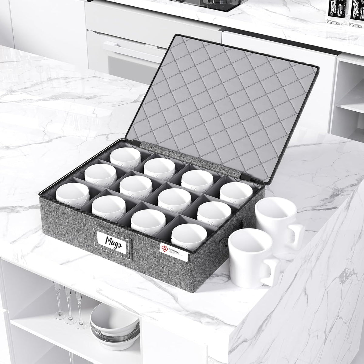 YearningHome Cup and Mug Storage Box with Hard Shell and Dividers for Coffee Mugs,Tea Cups and Glasses,Stackable Storage Organizers with Lid,Handles,Zips and Lable for Moving,Holds 12,2 Pack, Grey