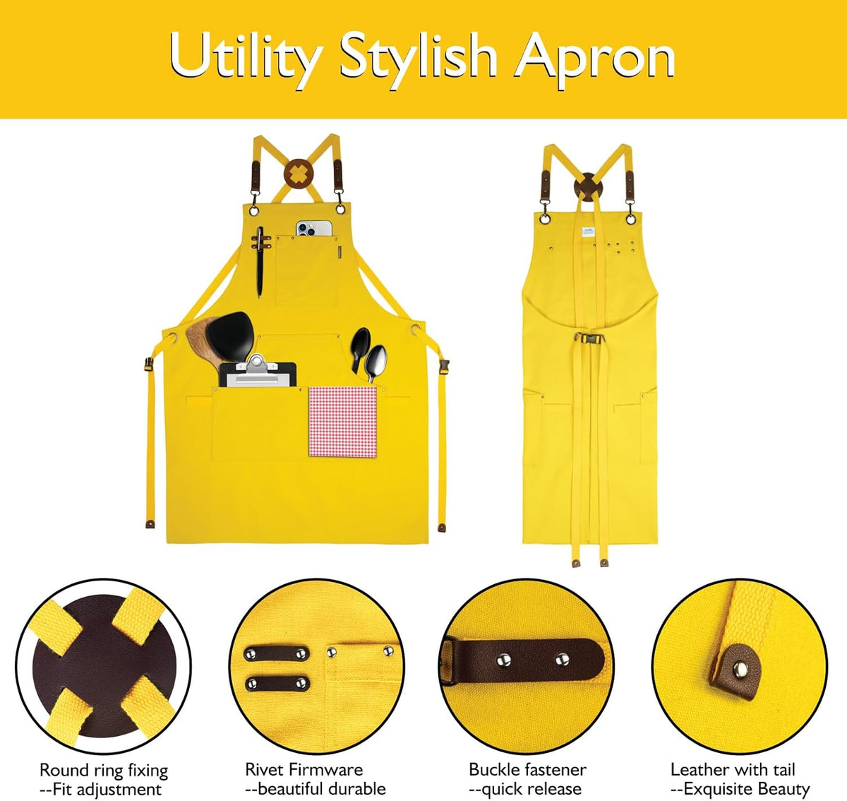 Kitchen Apron, Work Apron, Canvas, Multiple Pockets, Gardening, Painting, BBQ, Artist, Carpenter, Sizes M to XXL, Yellow