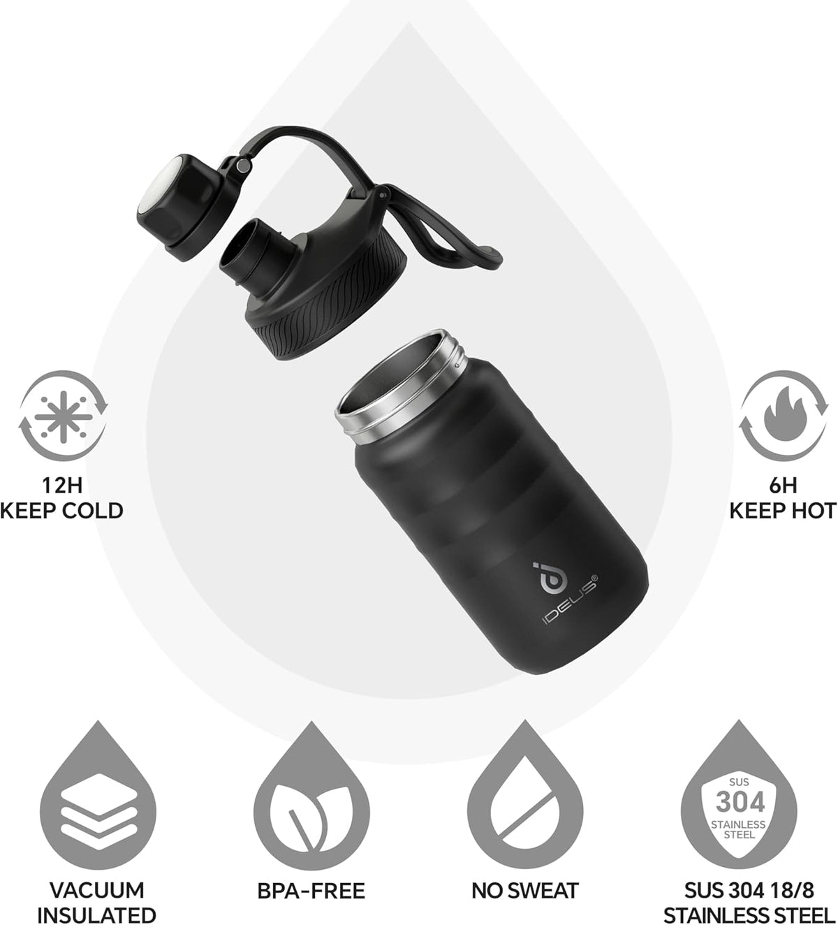 IDEUS Insulated Water Bottle 12oz, Stainless Steel Insulated Water Bottle For School, Insulated Bottles With Straws Leakproof, Vacuum Double Wall Water Bottles For Boys And Girls With 2 Lids, BPA Free