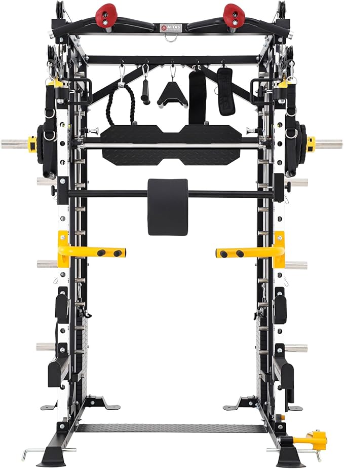 Altas Strength Light Commercial Smith Machine Home Gym with Pulley System Squat Rack Pull-Up Bar Total Body Cage Workout Equipment Tower Weight Lifting Leg Press Strength Training 3087B