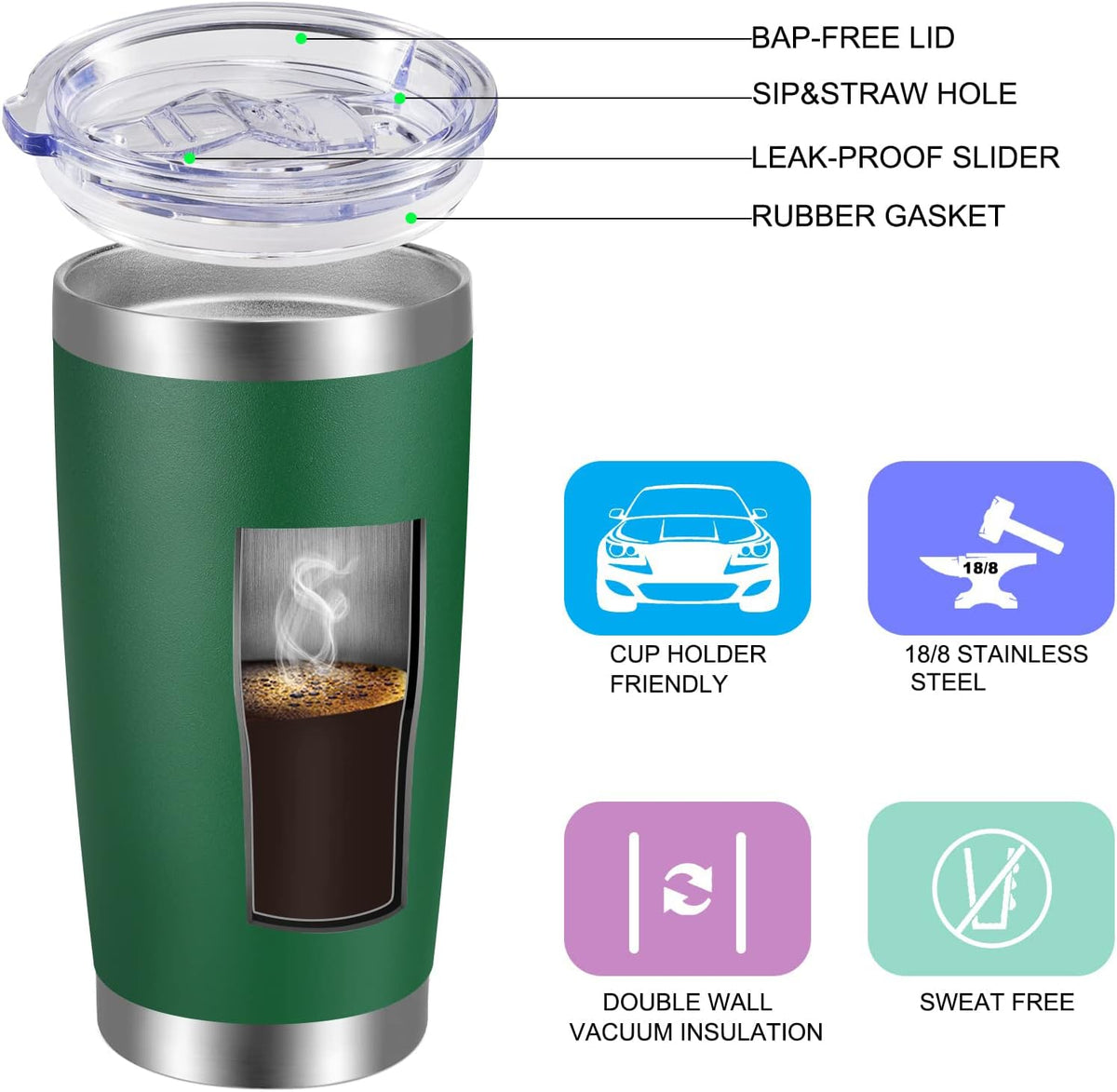 VEGOND 20oz Tumbler with Lid and Straw Stainless Steel Tumbler Cup Bulk Vacuum Insulated Double Wall Travel Coffee Mug Powder Coated Coffee Cup(Powder Green 6 Pack)