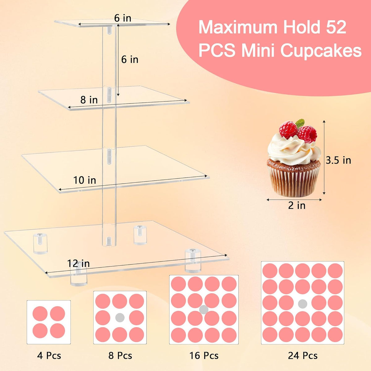 YestBuy 4 Tier Acrylic Cupcake Stand with Base, Cake Stand, Premium Cupcake Holder, Acrylic Cupcake Tower Display Cady Bar Party Décor – Display for Pastry (6" Between 2 Layers)…