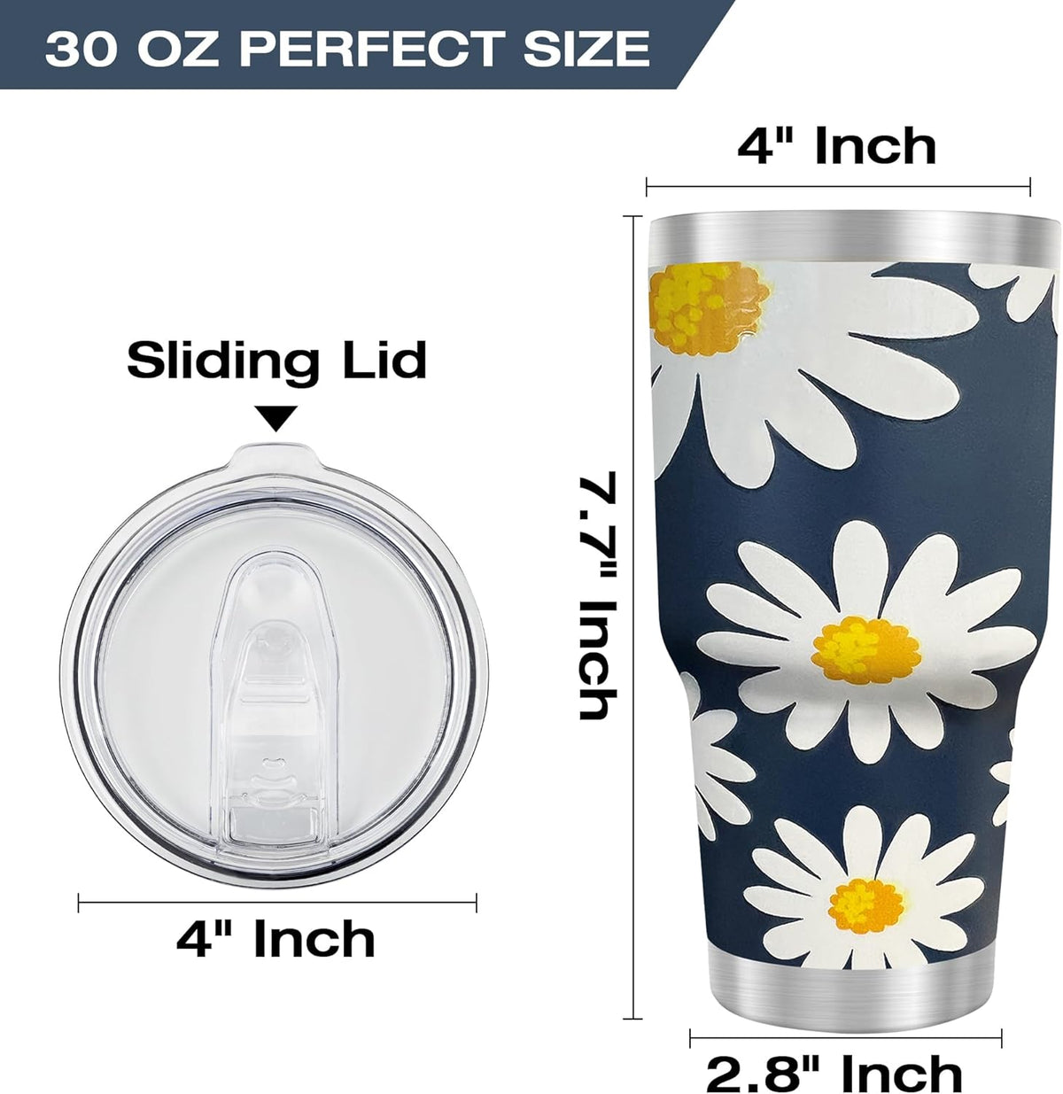 WETOWETO 30oz Tumbler, Stainless Steel Vacuum Insulated Water Coffee Tumbler Cup, Double Wall Powder Coated Spill-Proof Travel Mug Thermal Cup for Home Outdoor (Daisy Flower, 1 Pack)