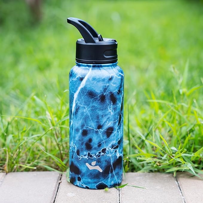 18 oz Insulated Water Bottle Stainless Steel Sport Bottles with 3 Lids,Marble Ocean